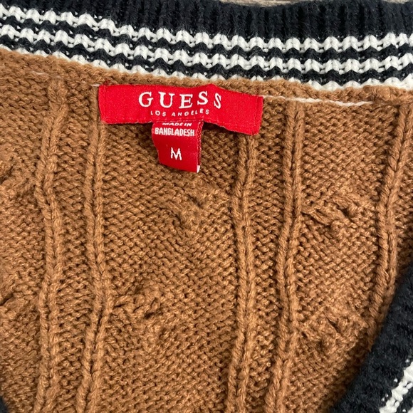 Guess Brown Cable Knit Cardigan with Striped Trim Size M NWOT Grannycore Fall - Picture 6 of 6